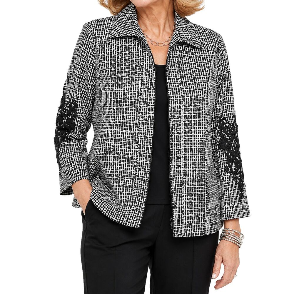 Chicos Womens Jacket 1 M Black White Floral Lace Embroidered Applique Blazer